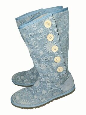 UGG RARE Blue Denim Jacquard Sun Logo Tall Wooden Button Boots Sz 9 Y2K